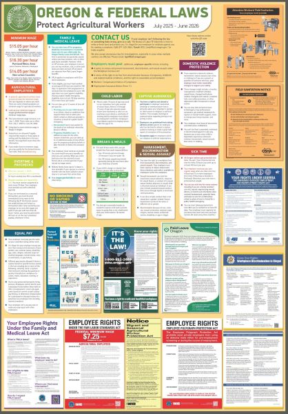 PRE-ORDER 2025-2026 Agriculture Poster, Commonly Required Postings in Oregon (English on one side, Spanish on the other) 