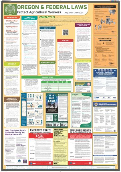 PRE-ORDER 2026-2027 Agriculture Poster, Commonly Required Postings in Oregon (English on one side, Spanish on the other) 